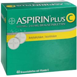 Schachtel mit Aspirin Plus C Brausetabletten von Bayer.