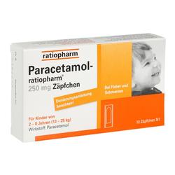 Verpackung von Paracetamol-Zäpfchen für Kinder zur Fieber- und Schmerzlinderung.