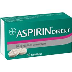 Eine grüne Aspirin-Direkt-Packung mit 10 Kautabletten.