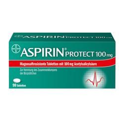 Grüne Verpackung von Aspirin Protect 100 mg mit 98 Tabletten.