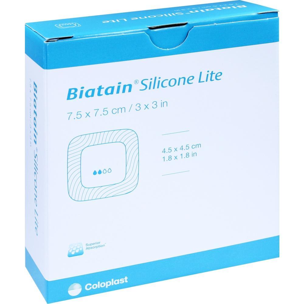Eine weiße Box mit blauem Aufdruck zeigt einen Verband namens "Biatain Silicone Lite".