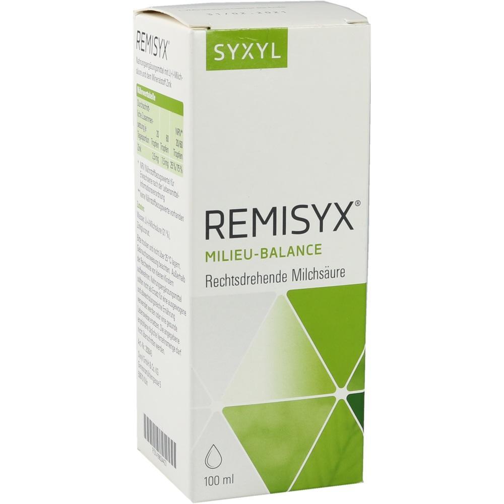 Eine weiße Schachtel mit grüner Aufschrift "REMISYX MILIEU-BALANCE", 100 ml.