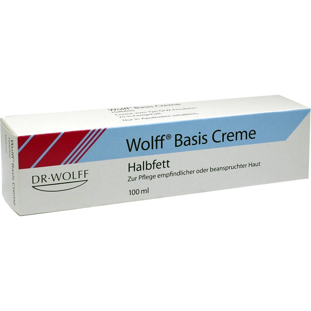 Weiße Schachtel einer Hautcreme mit der Aufschrift "Wolff Basis Creme Halbfett".