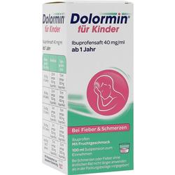 Eine Packung Arzneisaft für Kinder gegen Fieber und Schmerzen ab 1 Jahr.